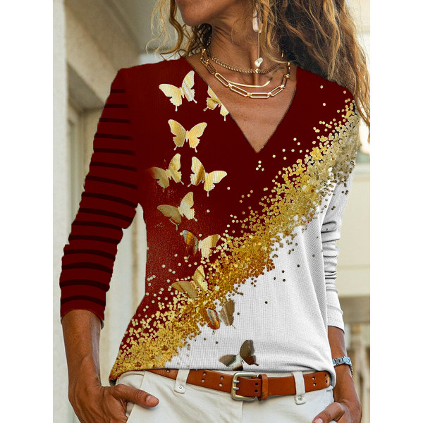 Women's V-Neck Floral Print Long-Sleeve T-Shirt Casual Loose Fit