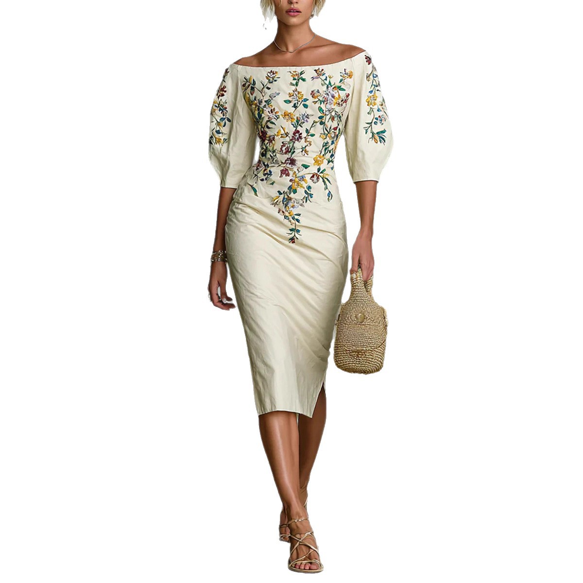 Women's Off-Shoulder Half-Sleeve Bodycon Midi Dress