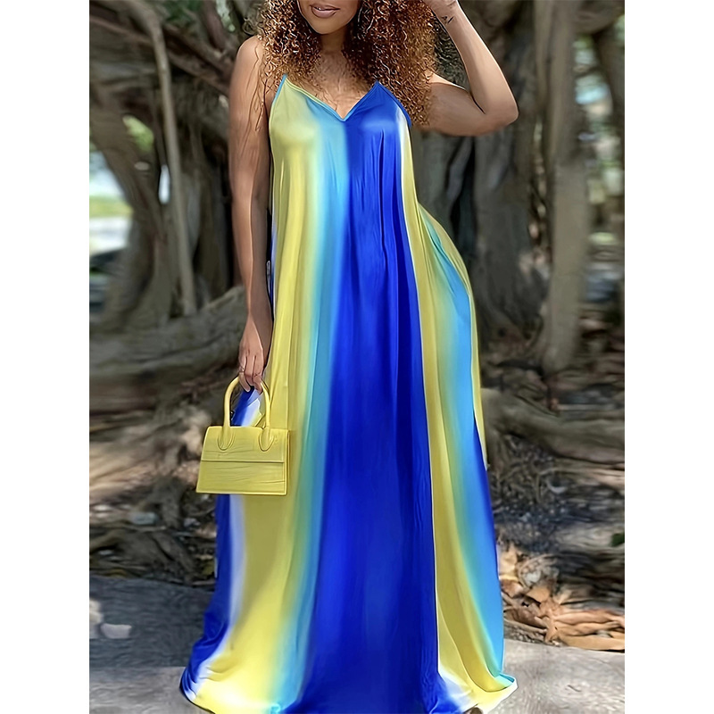 Sexy Gradient Striped Deep V-Neck Cami Dress