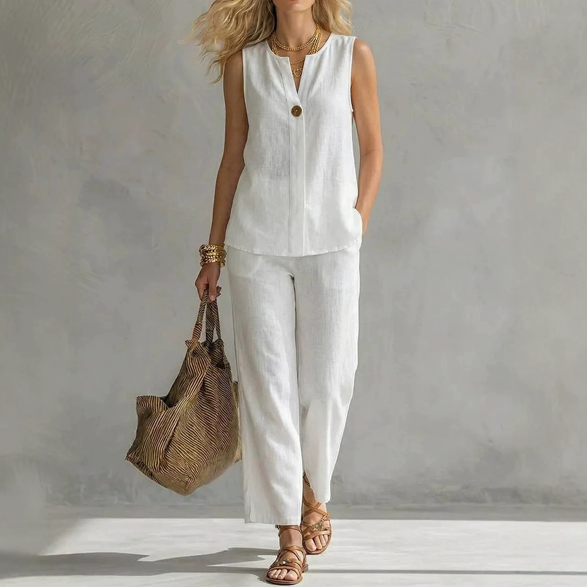 Women's Sleeveless V-Neck Top and Pants Set Casual Solid Color