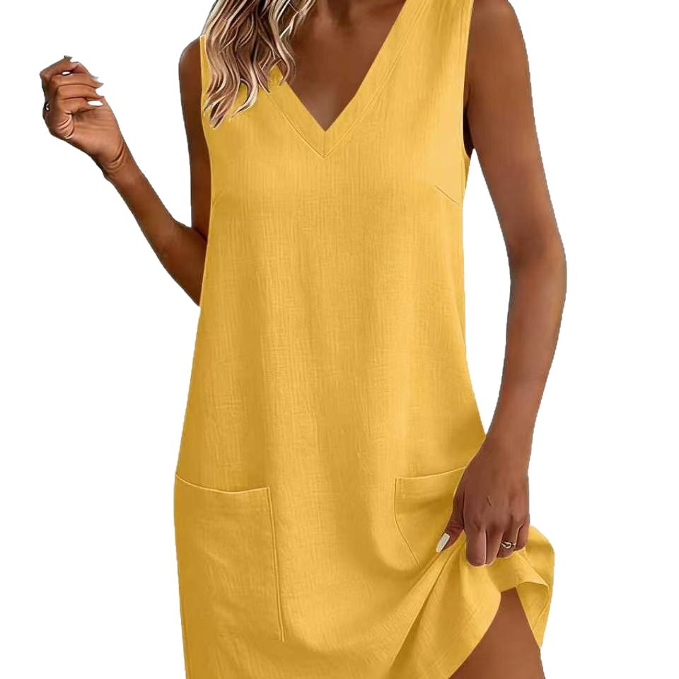 Women's Sleeveless V-Neck A-Line Dress with Pockets, Loose Casual Summer
