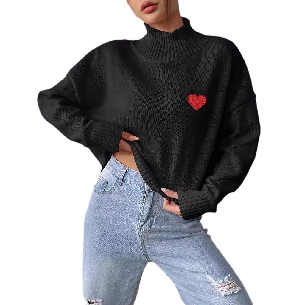 Women's Cropped Turtleneck Sweater with Heart Patch
