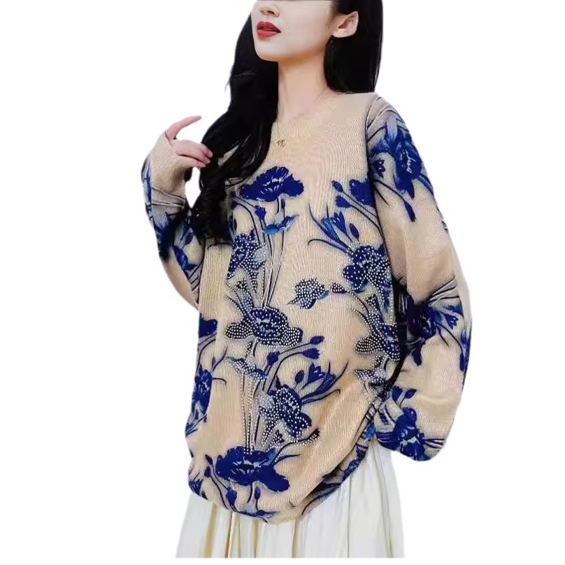 Rhinestone Floral Print Loose Knit Sweater Plus Size Crew Neck Long Sleeve