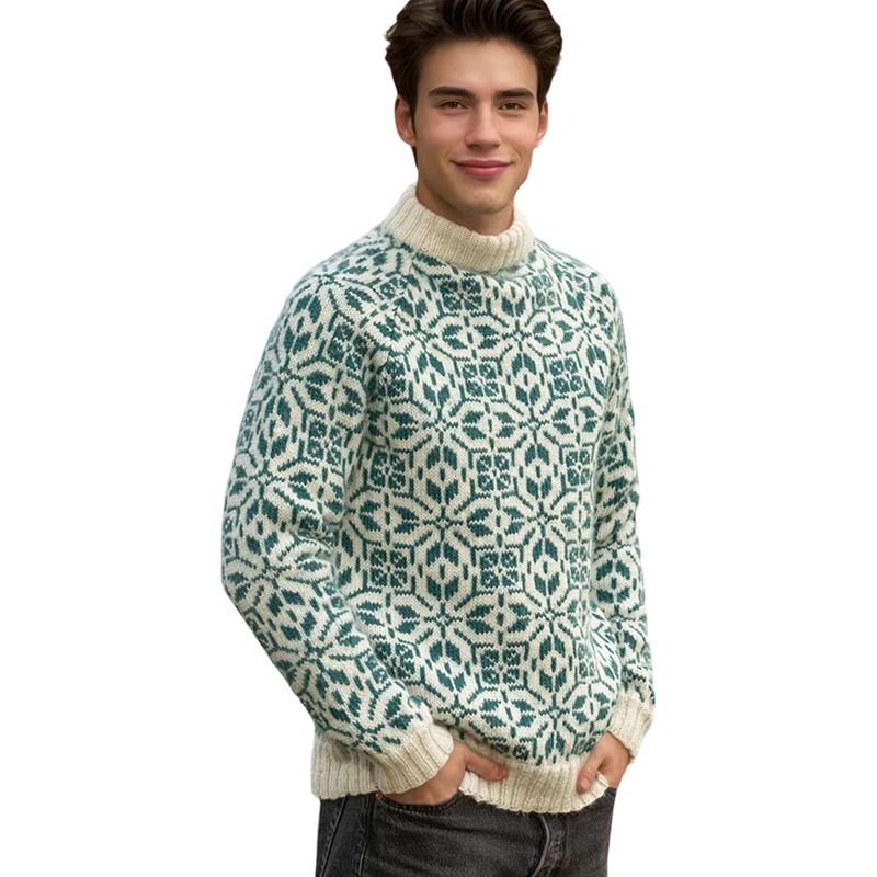 Retro Floral Jacquard Crewneck Pullover Sweater