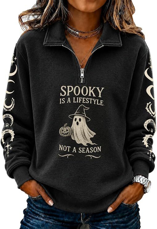 Women's Half-Zip Halloween Witch Skull Print Hoodie