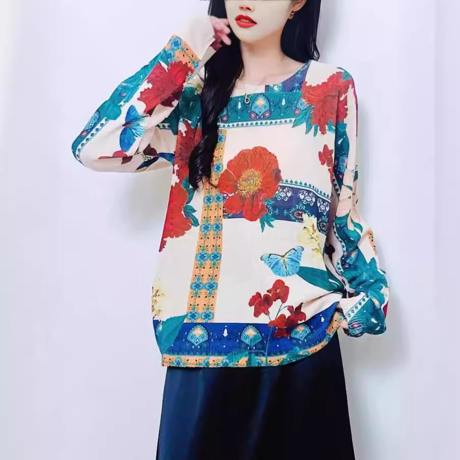 Elegant Butterfly Print Knit Pullover Sweater Long Sleeve Crew Neck Color Block