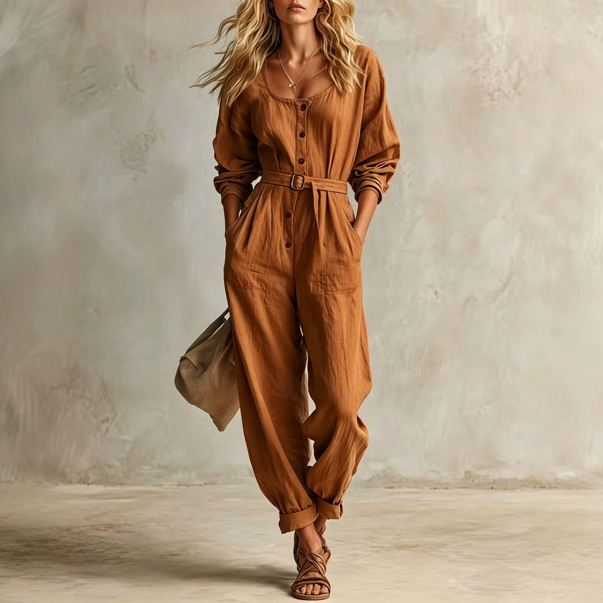 Women's Linen Square Neck Long Sleeve Jumpsuit with Belt