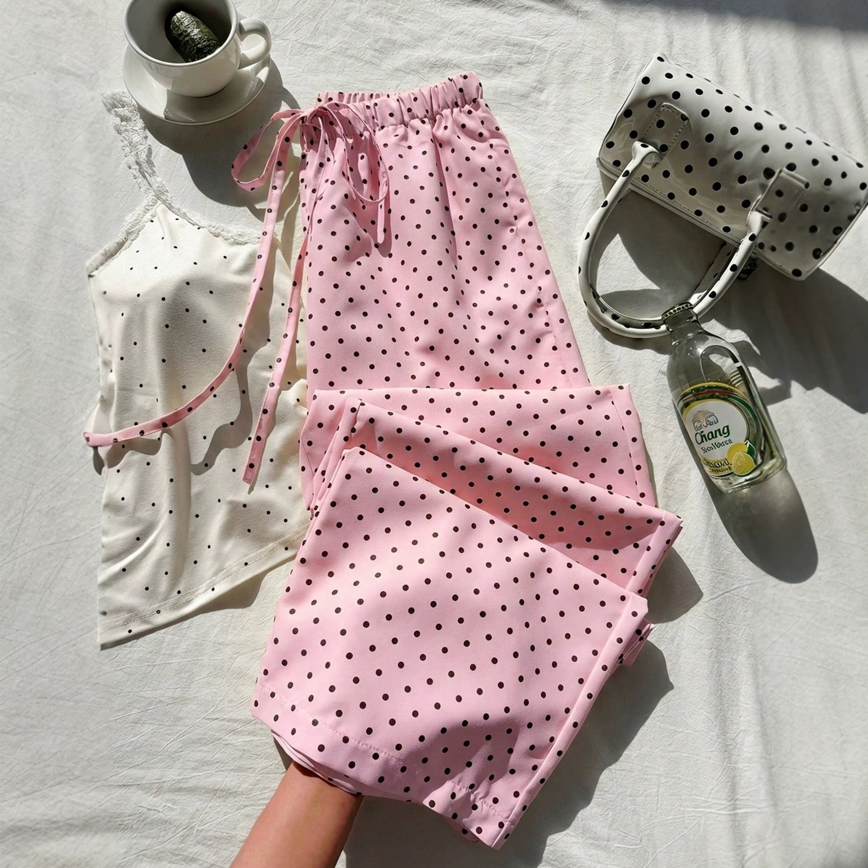 Women's Wide-Leg Polka Dot Print Elastic Waist Casual Straight Pants