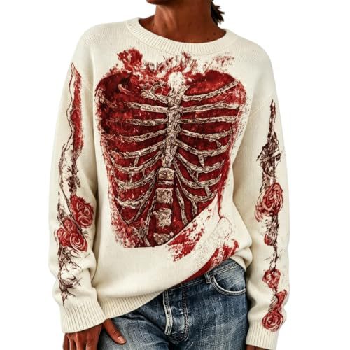 Women's Floral Heart Skeleton Print Crewneck Sweatshirt