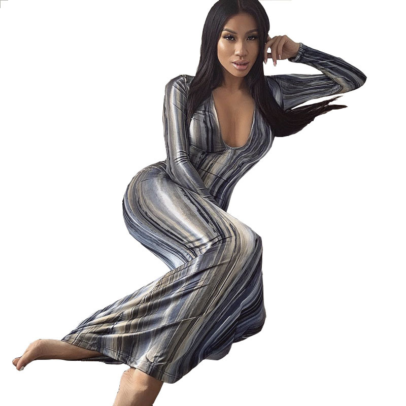 Women's Printed Long Sleeve Bodycon Dress V-Neck