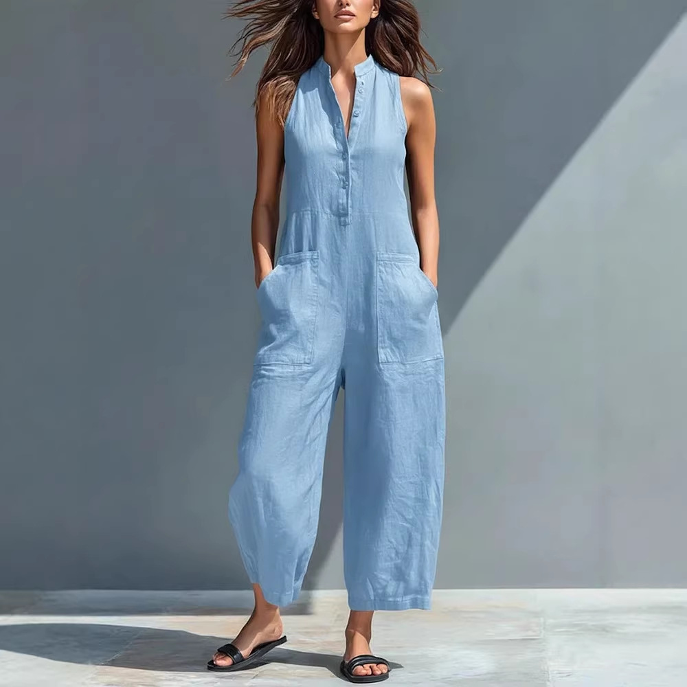 Women's Linen-Blend Button-Front Sleeveless Wide-Leg Jumpsuit