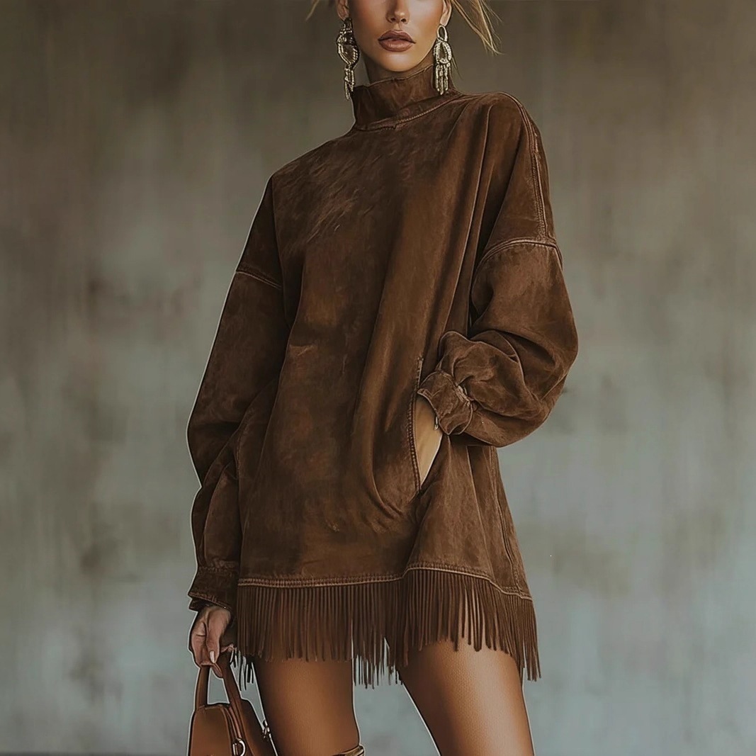 High Neck Faux Suede Fringe Long Sleeve Dress with Pockets