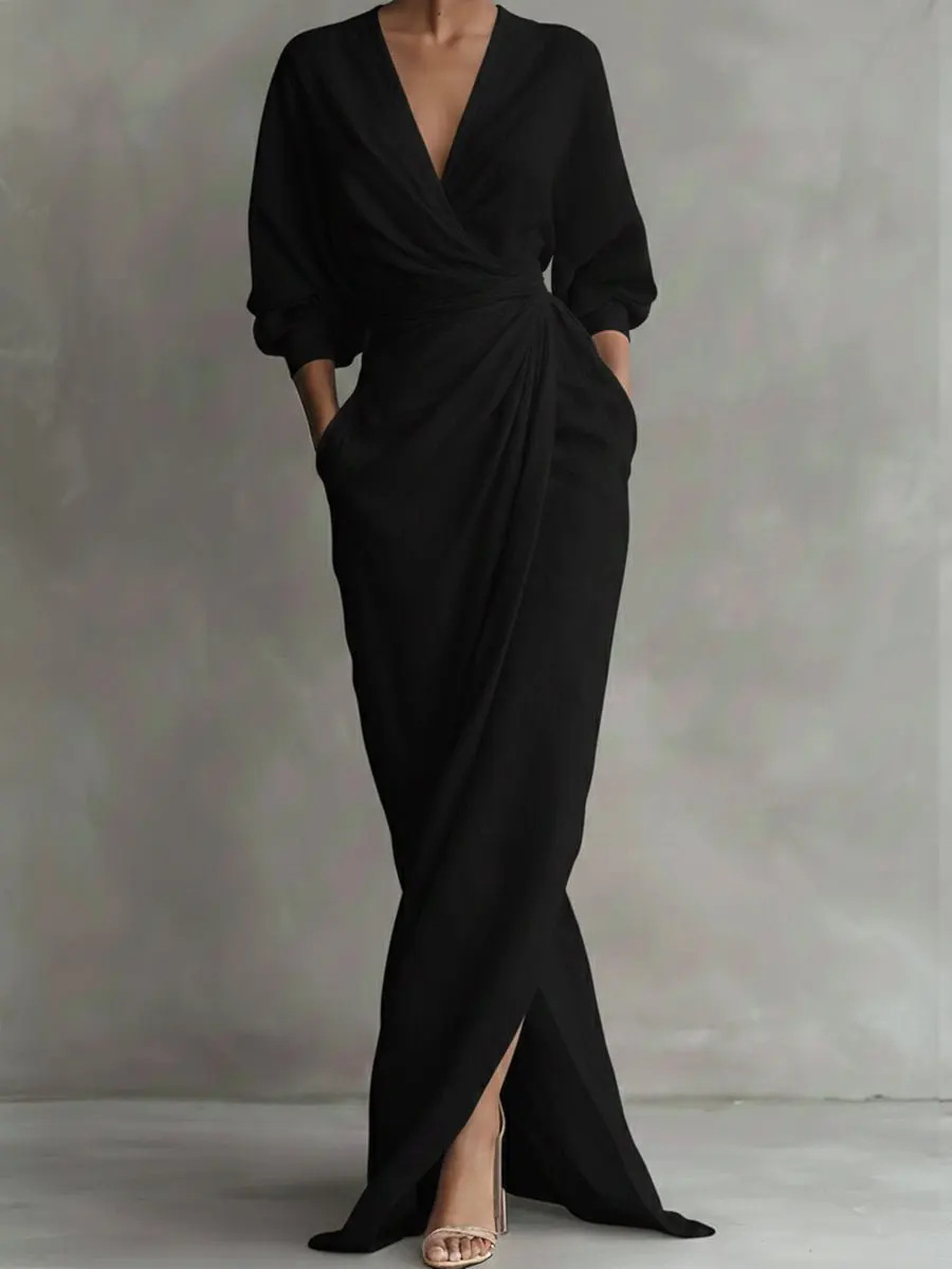 Elegant Solid V-Neck Long Sleeve Split Waist Pocket Long Dress