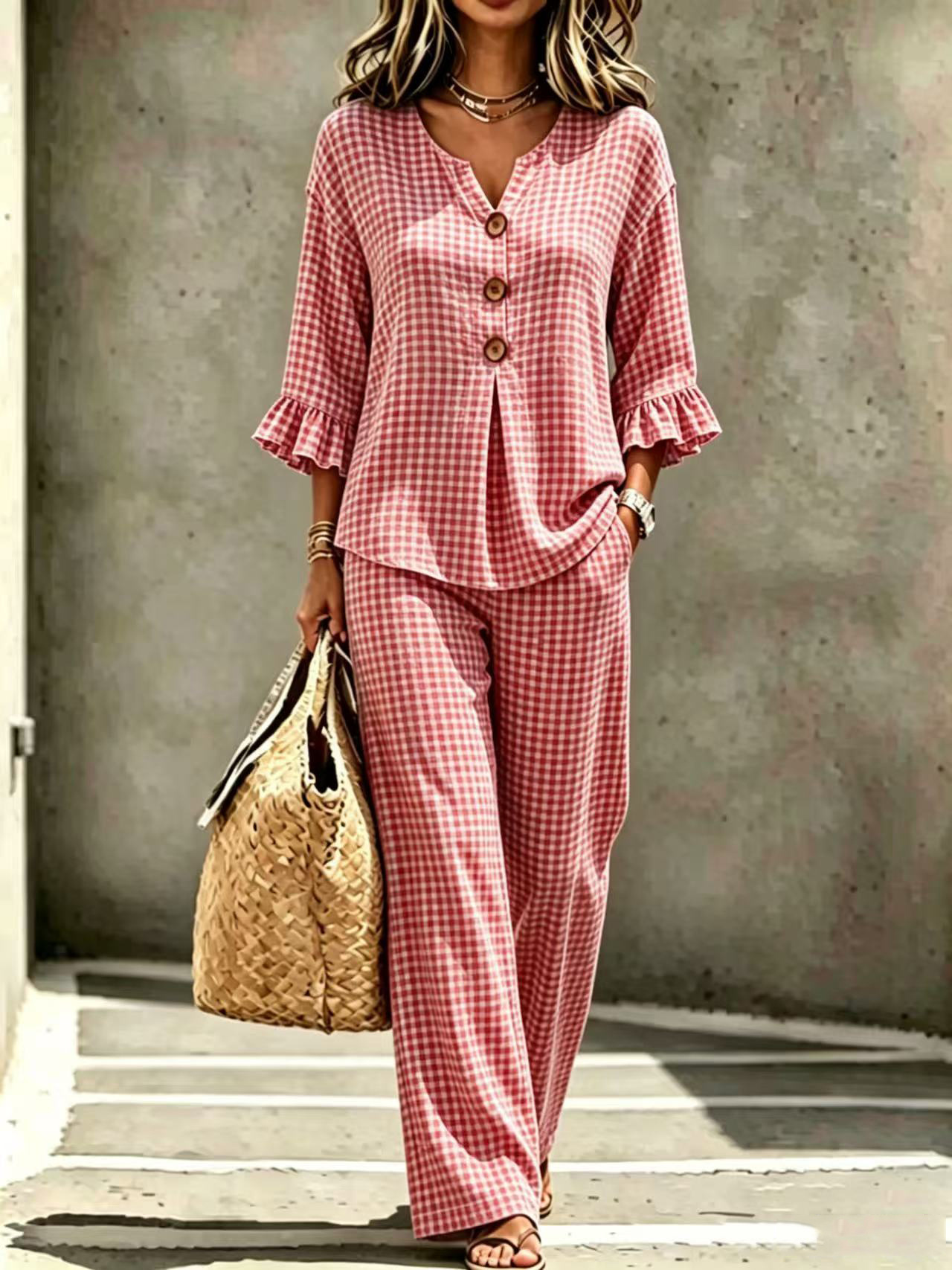 Women's Plaid V-Neck Ruffle Button Top & Pants Set