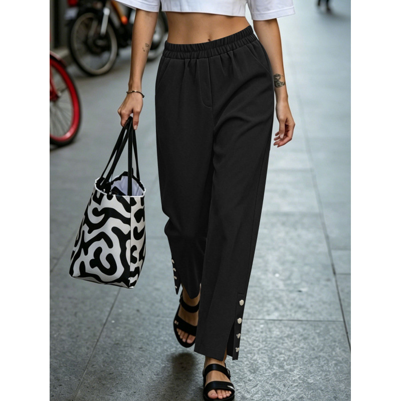 Women's Plus Size Cropped Straight Leg Dress Pants with Split Hem and Button Detail