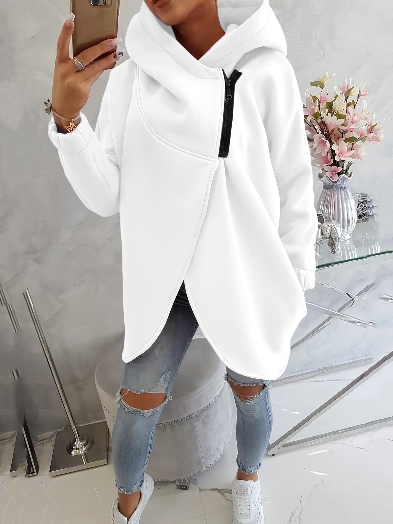 Women's Long-Sleeve Black Hooded Zip-Up Jacket with Front Pockets