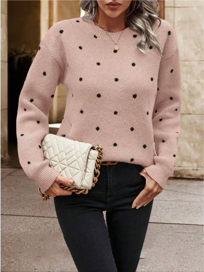 Polka Dot Jacquard Knit Pullover Sweater with Round Neck and Long Sleeves