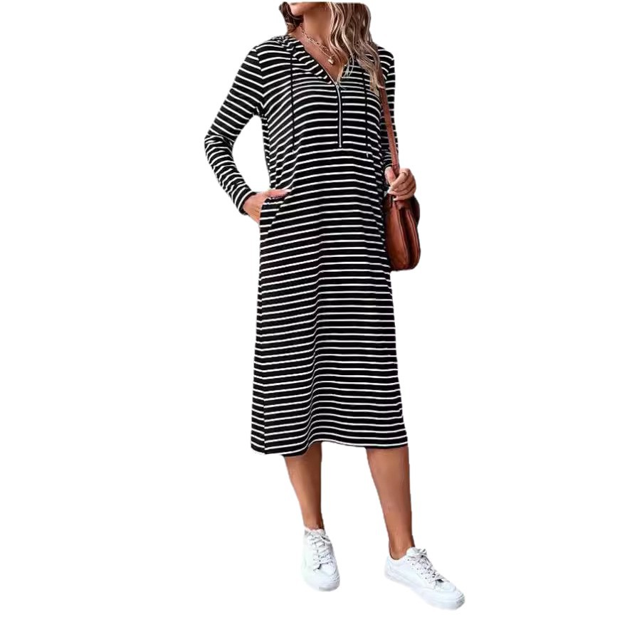 Striped Hooded V-Neck Long Sleeve Bodycon Midi Dress