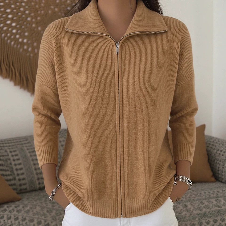 Women's Zip-Up Knit Cardigan Sweater with Collar, Solid Color Casual