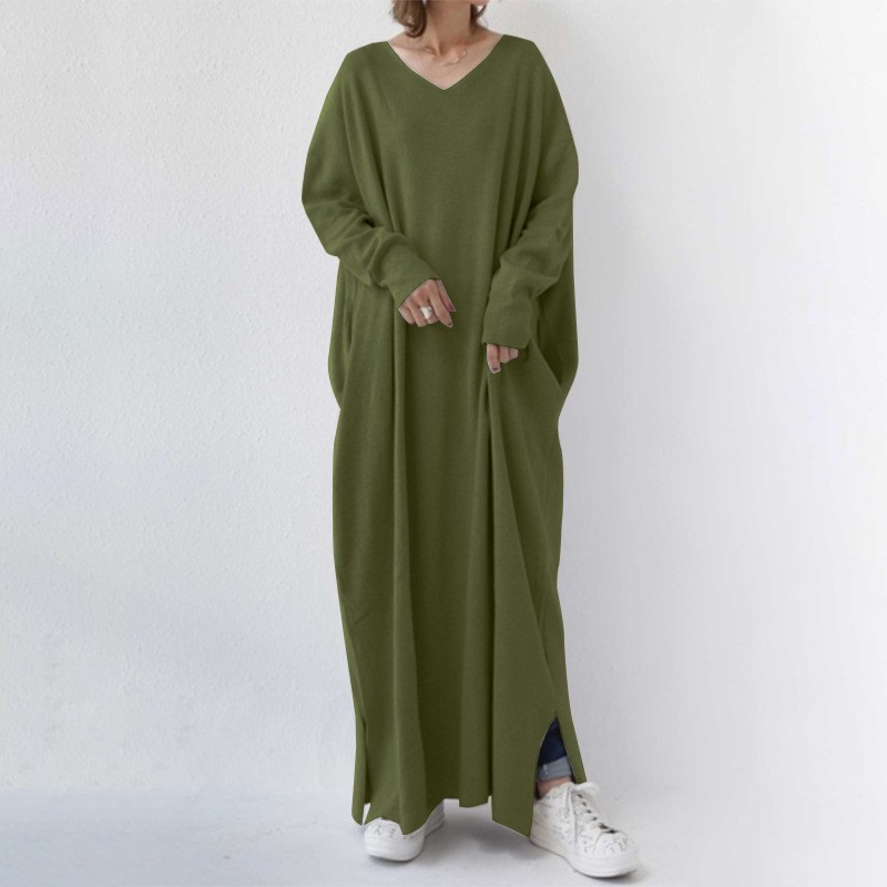 Minimalist Urban Casual Knit Long Sleeve V-Neck Maxi Dress Plus Size