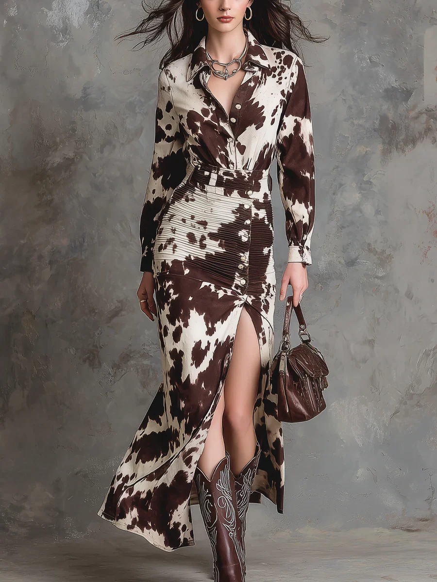 Digital Print Button-Front Shirt Dress Long Sleeve Asymmetric Hem