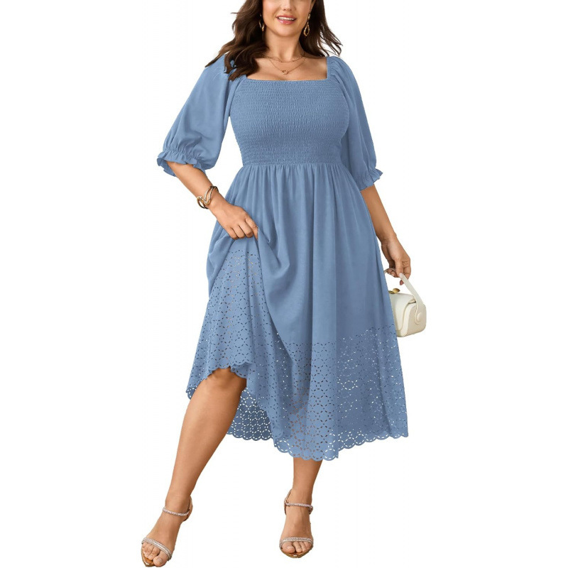 Plus Size Square Neck Cutout Ruched A-Line Boho Midi Dress