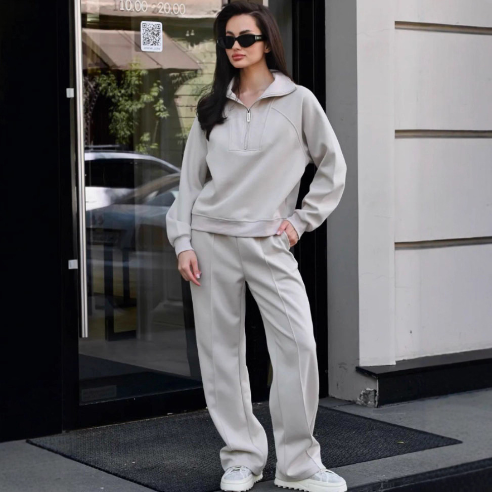 Women's Long Sleeve Stand Collar Zip Tracksuit Casual Two-Piece Set