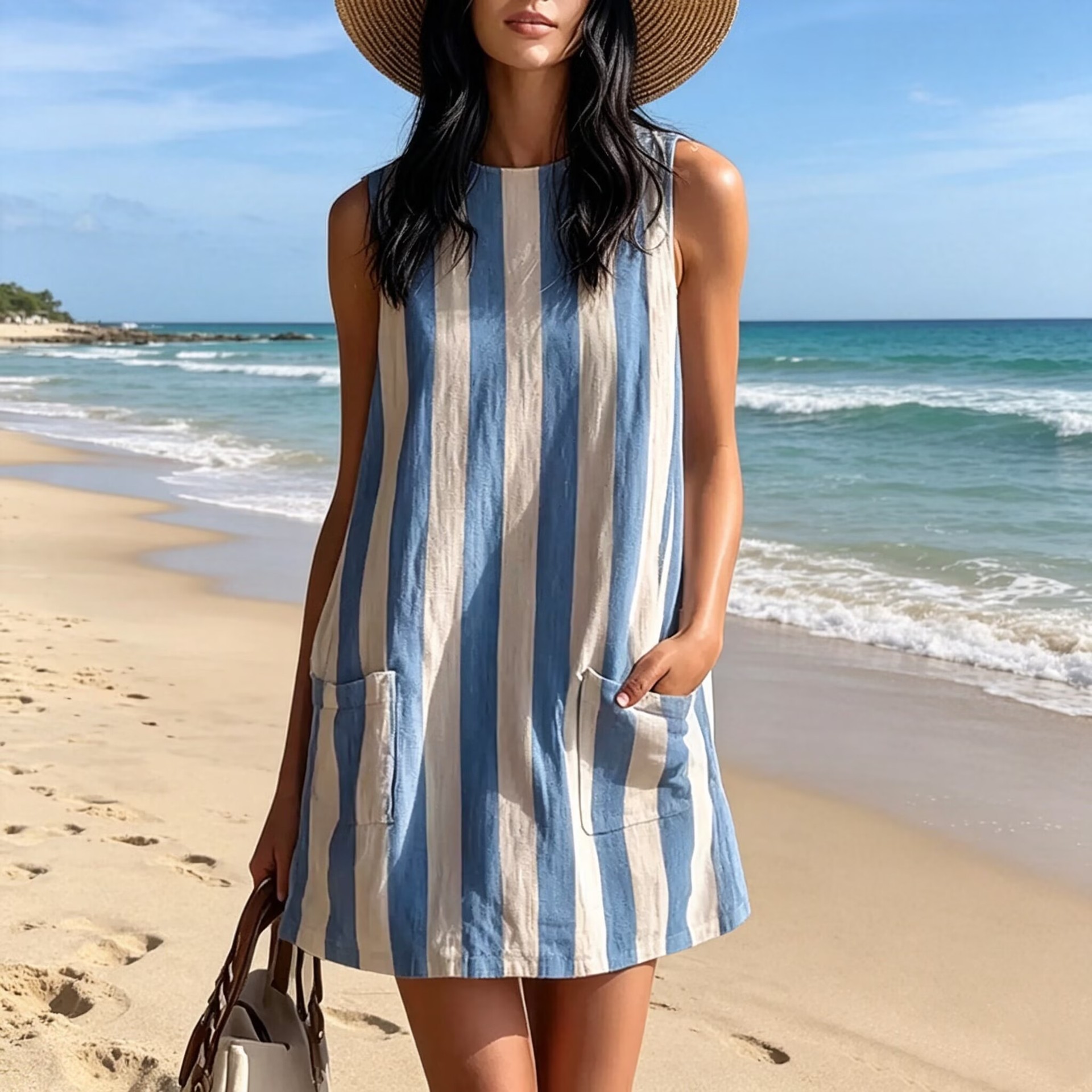 Striped Sleeveless A-Line Dress with Pockets