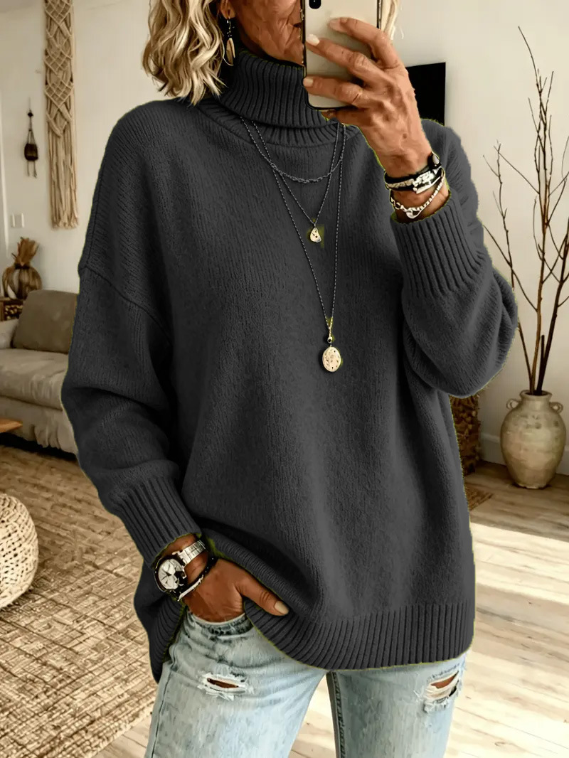 Women's Lazy Pure Color Elegant Slit Loose Turtleneck Knit Sweater