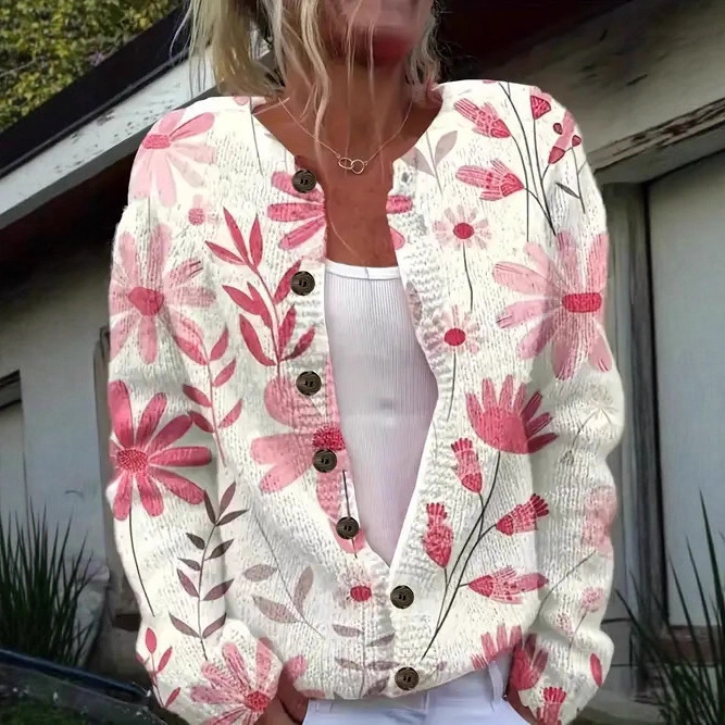 Women's Floral Print Long Sleeve Crew Neck Pullover Sweater