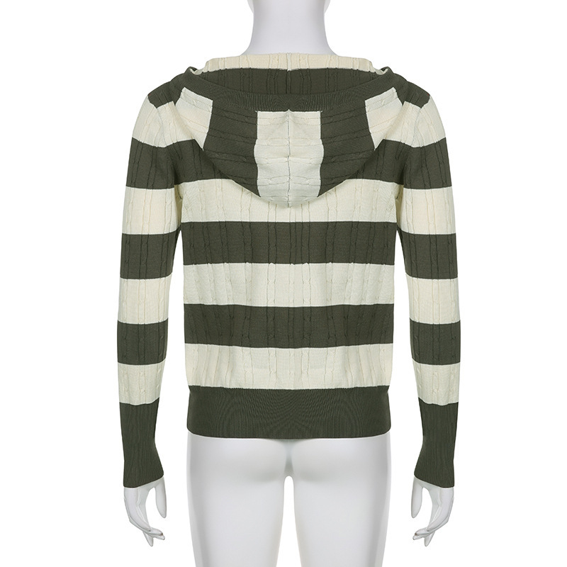 Striped V-Neck Hooded Knit Top