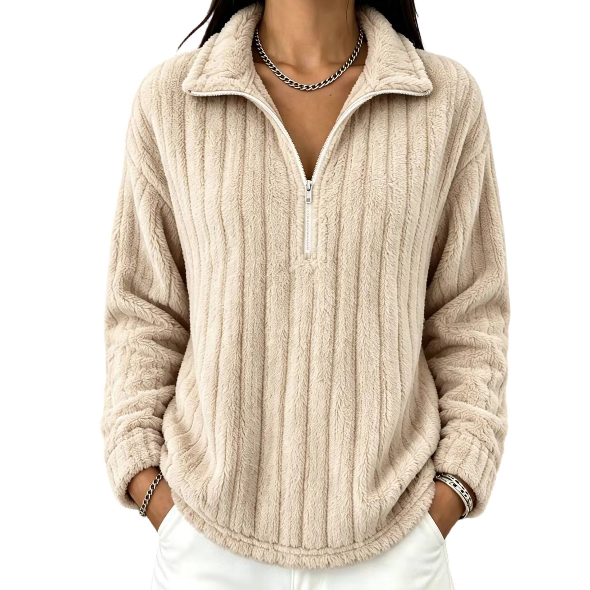 Ribbed Fleece Zip-Up Collared Long-Sleeve Sweatshirt