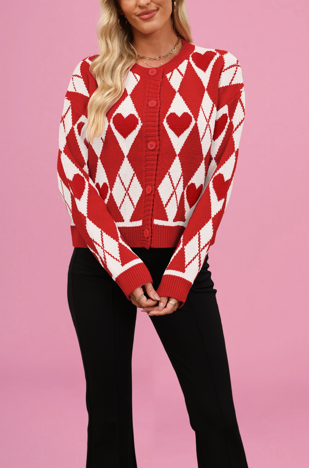Colorblock Heart Button-Front Knit Cardigan