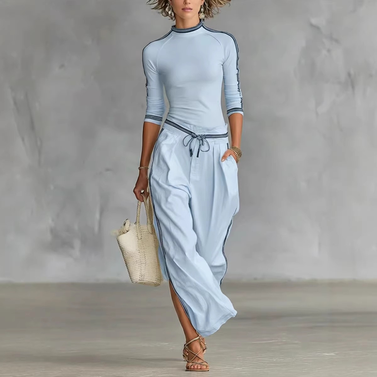Striped Print Casual Two-Piece Top and Pants Set