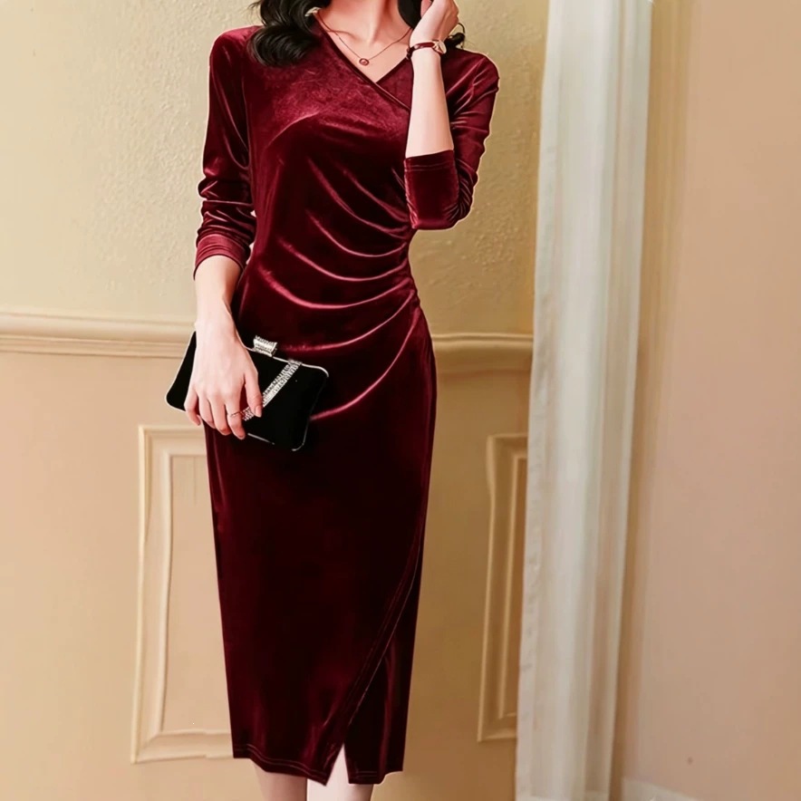 Pleated Velvet Long Sleeve V-Neck High Slit Evening Dress