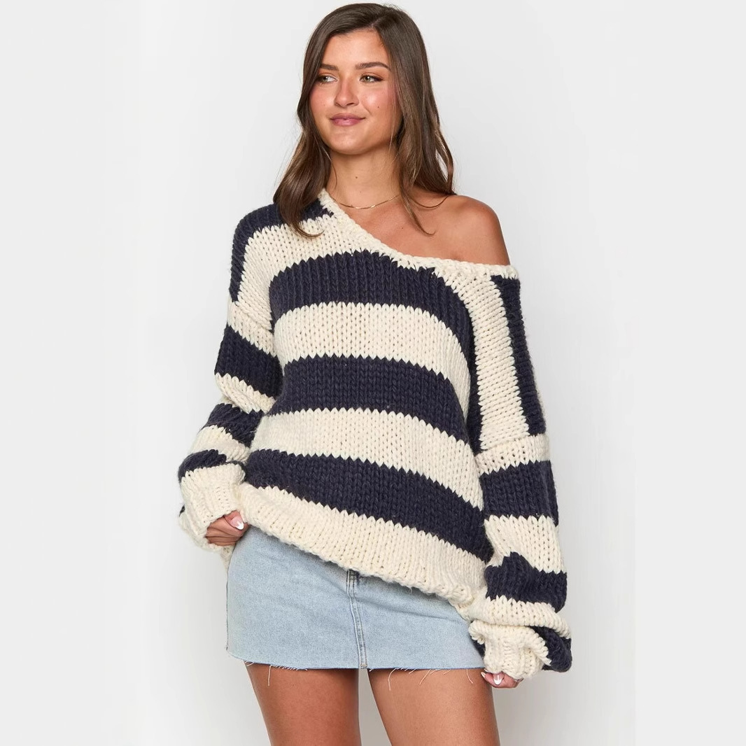 Striped One-Shoulder Knit Sweater