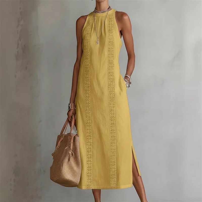 Women's Solid Color Sleeveless Round Neck Long Dress