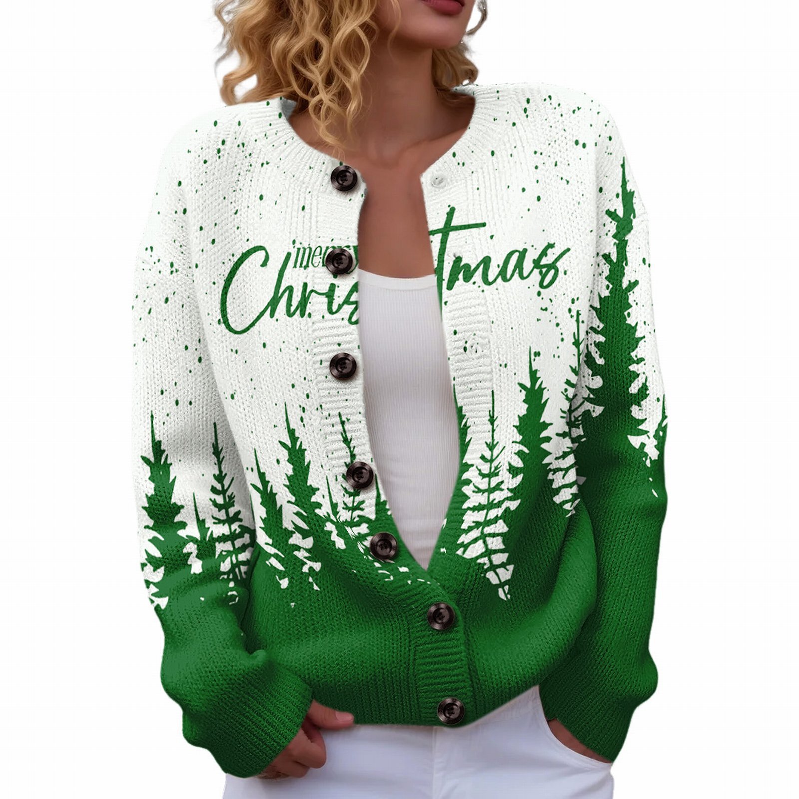 Women's Christmas Reindeer Forest Print Button Cardigan Sweater