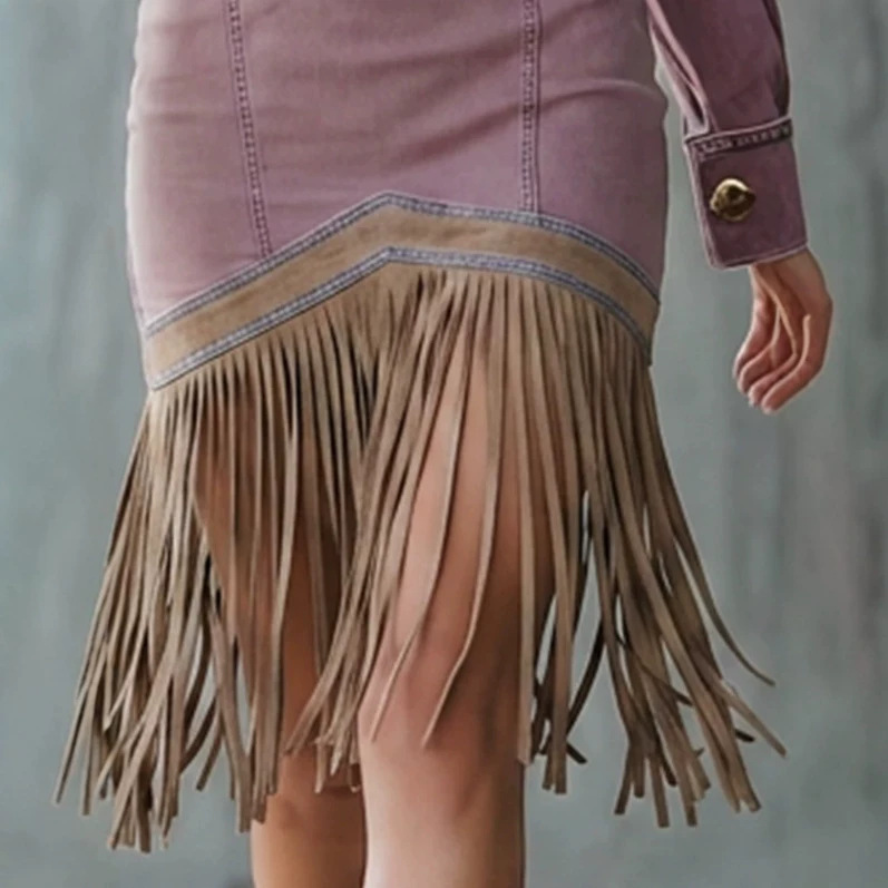 Women's Vintage Denim Fringe Mini Dress Halter Neck