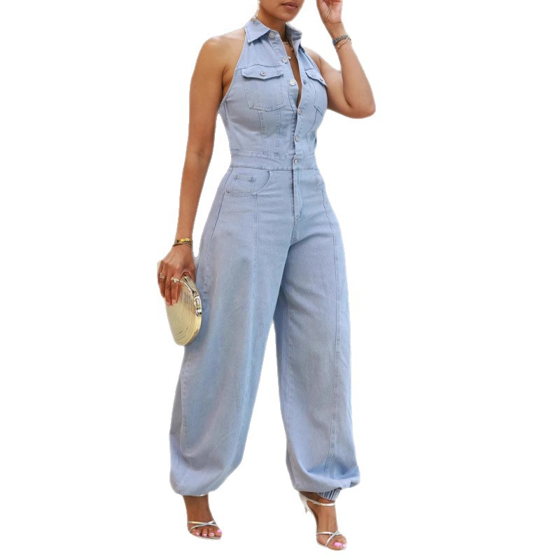 Women's Solid Color Polo Neck Sleeveless Slimming Jumpsuit