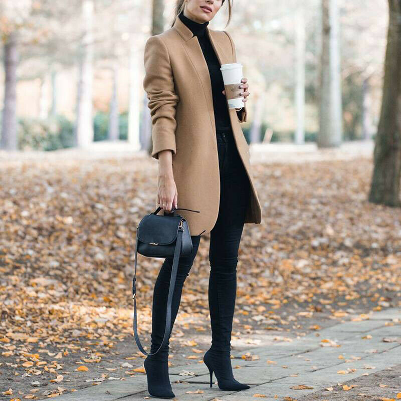 Women's Solid Color Stand Collar Woolen Coat