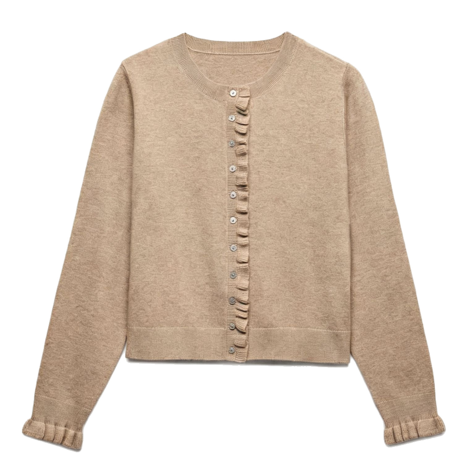 Women's Crewneck Long Sleeve Ruffle Knit Cardigan Sweater