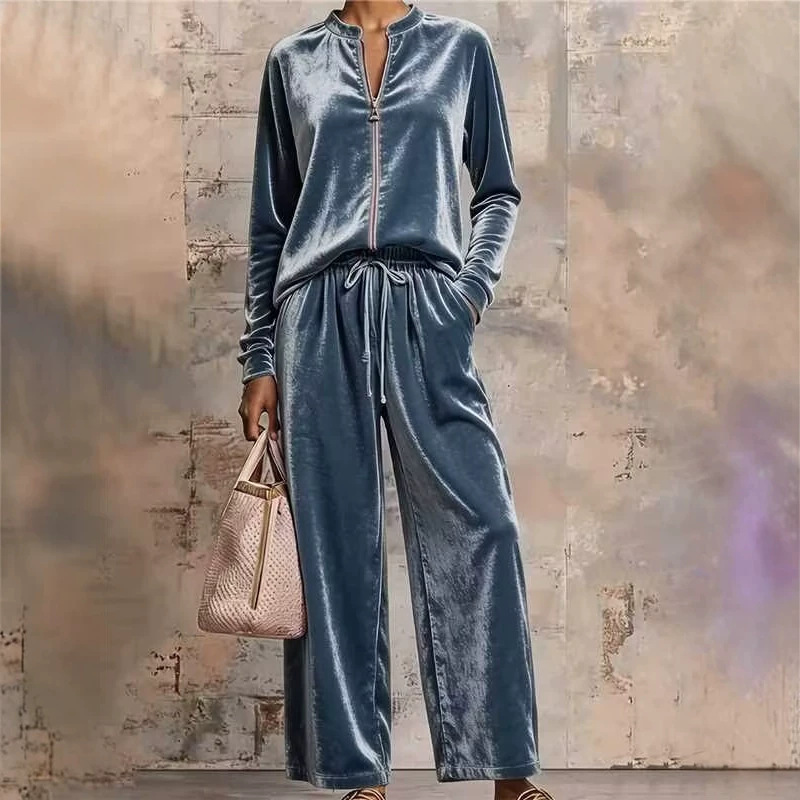 Women's Velvet Hoodie & Wide-Leg Pants Set High Waist Drapey