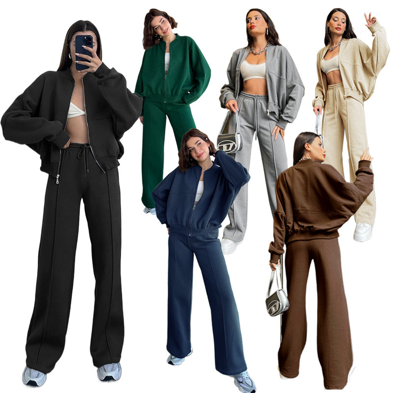 Women's Solid Zip-Up Hoodie and Straight-Leg Pants Set
