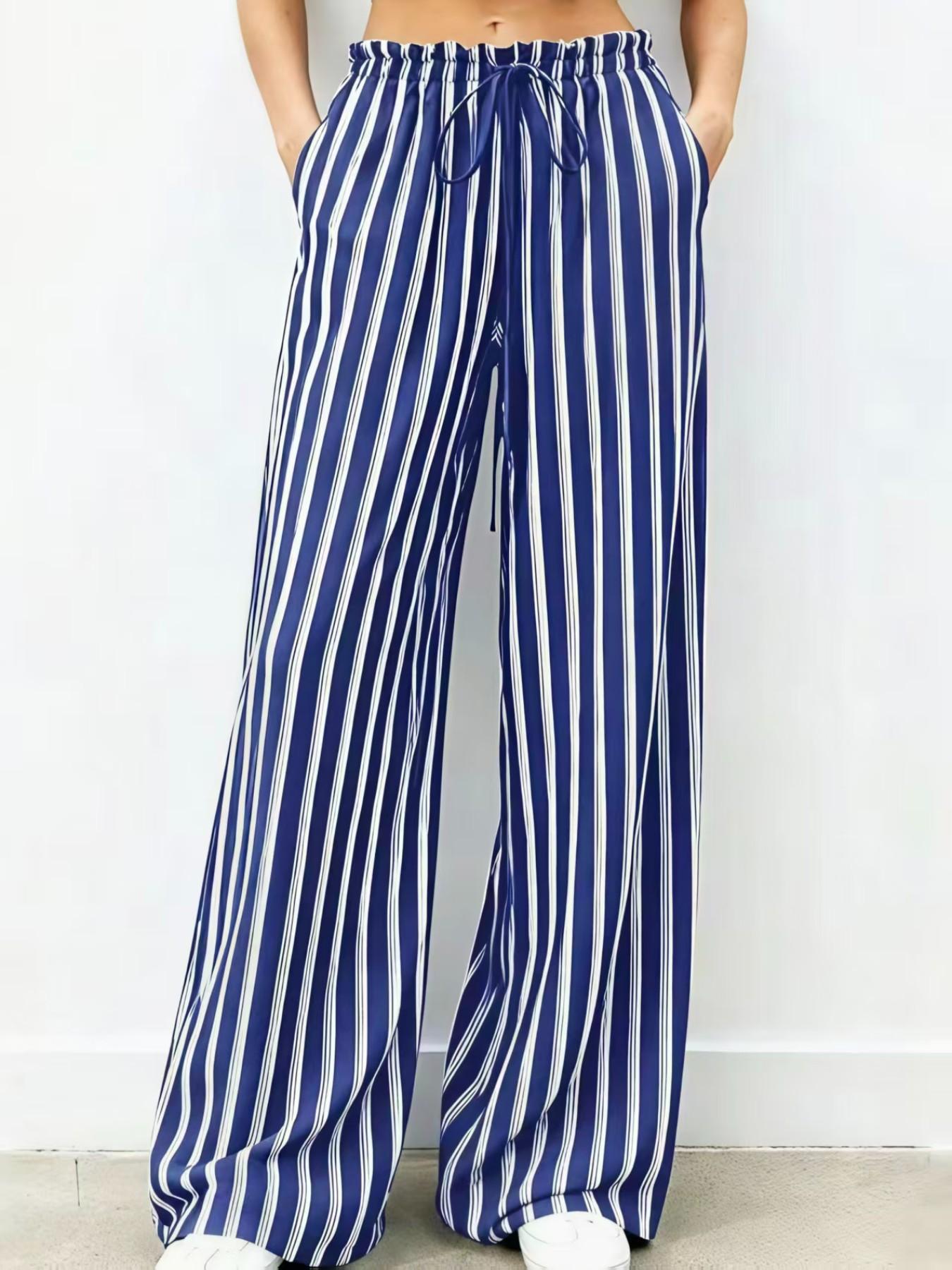 Striped Wide-Leg Pants with Elastic Waist
