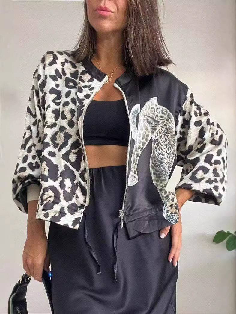 Women's Leopard Print Zip-Up Jacket Casual Loose Fit