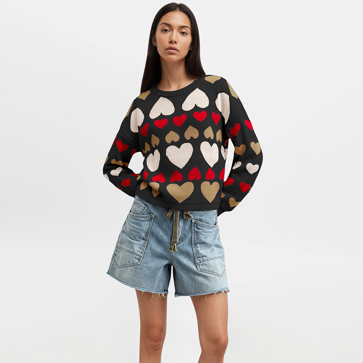 Women's Heart Pullover Sweater Long Sleeve Crew Neck Colorblock