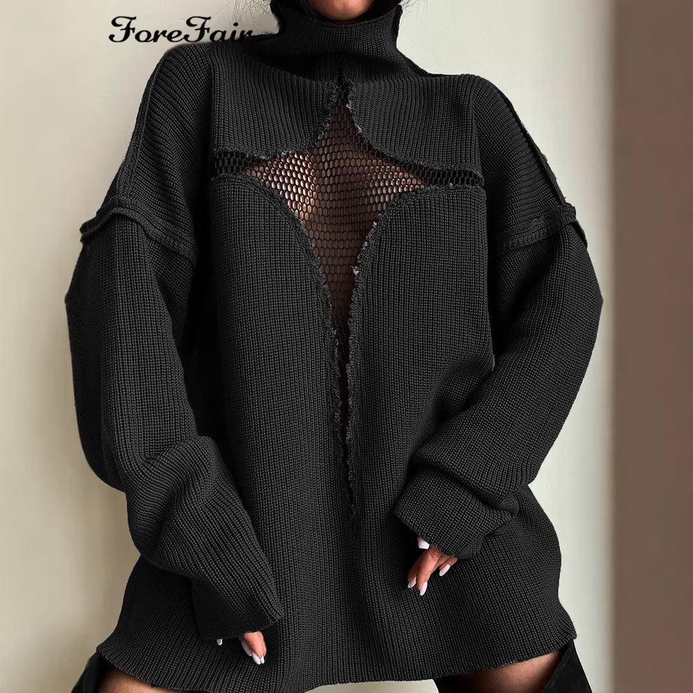 Sexy Sheer Mesh Open-Knit Pullover Sweater