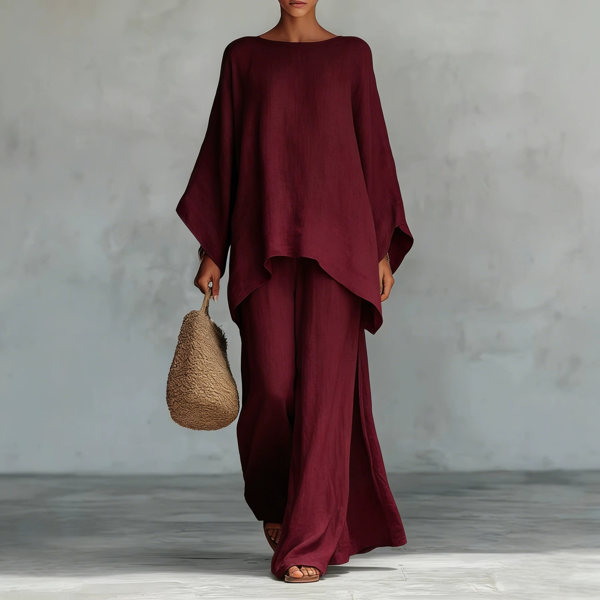 Women's Linen-Blend Shirt and Wide-Leg Pants Set