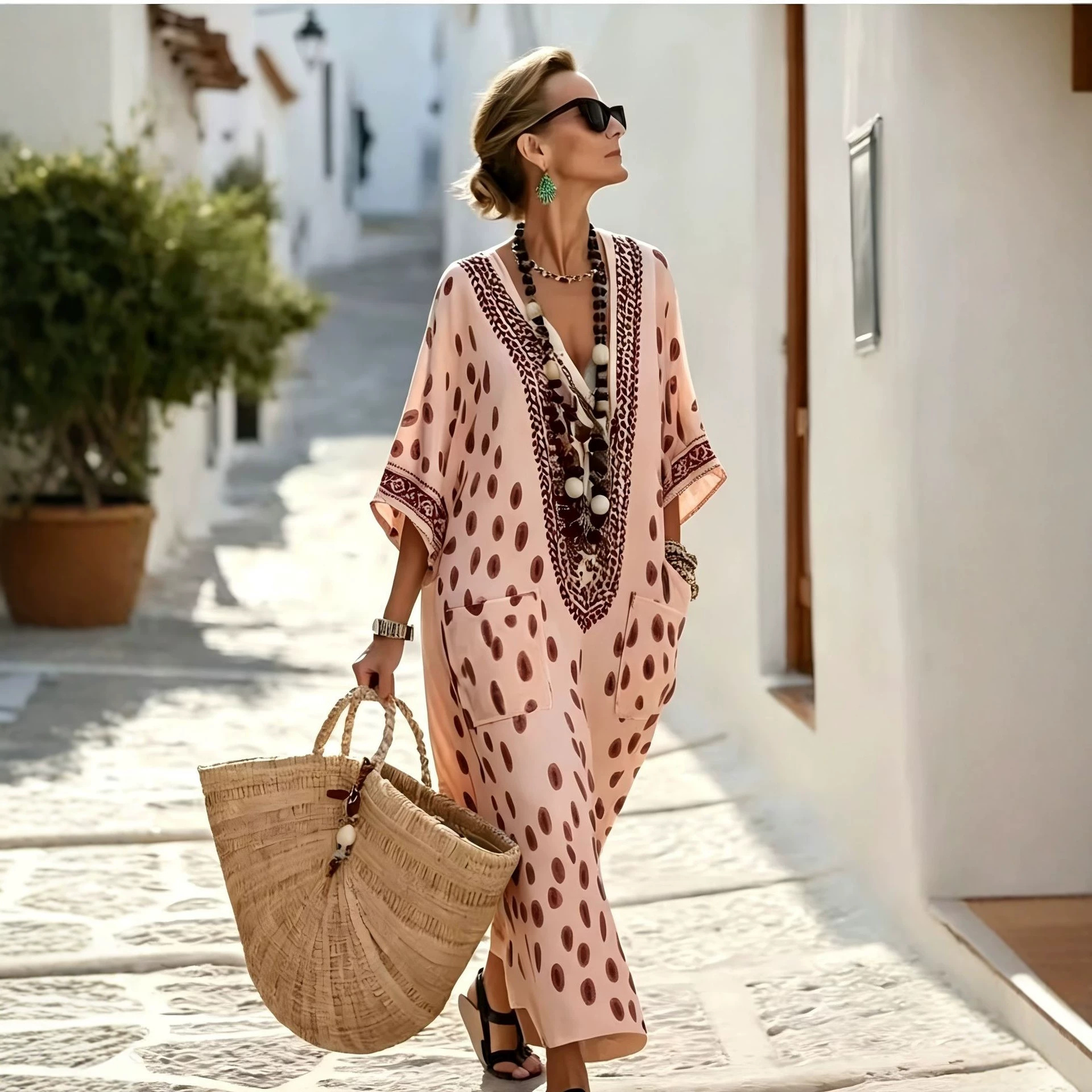 Women's Floral Polka Dot Print Midi Dress Deep V-Neck Five-Sleeve Slim Fit Casual